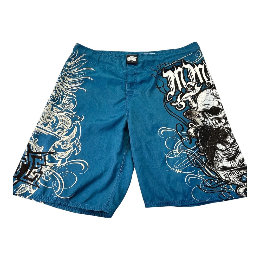 MMA Elite Mens Blue Skull Rose Graphic Board Shorts Swim Trunks XL Y2K Grunge
